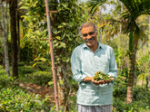 Pfefferbauer Pakhundi der Kooperative Organic Wayanad mit der frischen Pfeffer-Ernte in seinen Händen | Biogewürze Direkt vom Feld